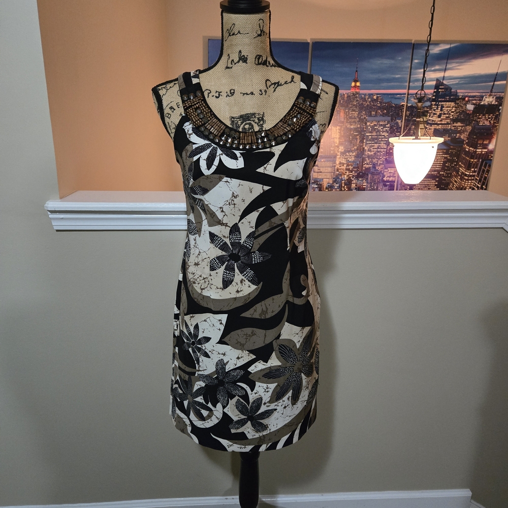 Floral Sleeveless Dress with Beaded Neckline